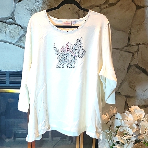 Quaker Factory Cream Scottie Dog Embellished 3/4 Sleeve T-Shirt sz 3X - Picture 1 of 5